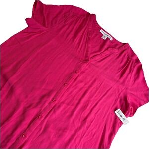 Amazon Essentials Blouse Top Women's LARGE Bright Pink  V-Neck Button Front